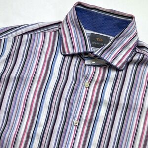 Thomas Dean Mens Button Down Shirt Multicolor Striped Size L Long Staple Cotton